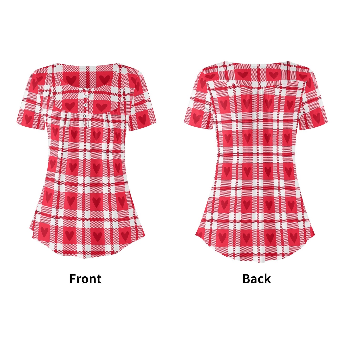 Lockere Bluse mit U-Ausschnitt und kurzen Ärmeln für Damen - Herzchen Karo Bluse JLR Design