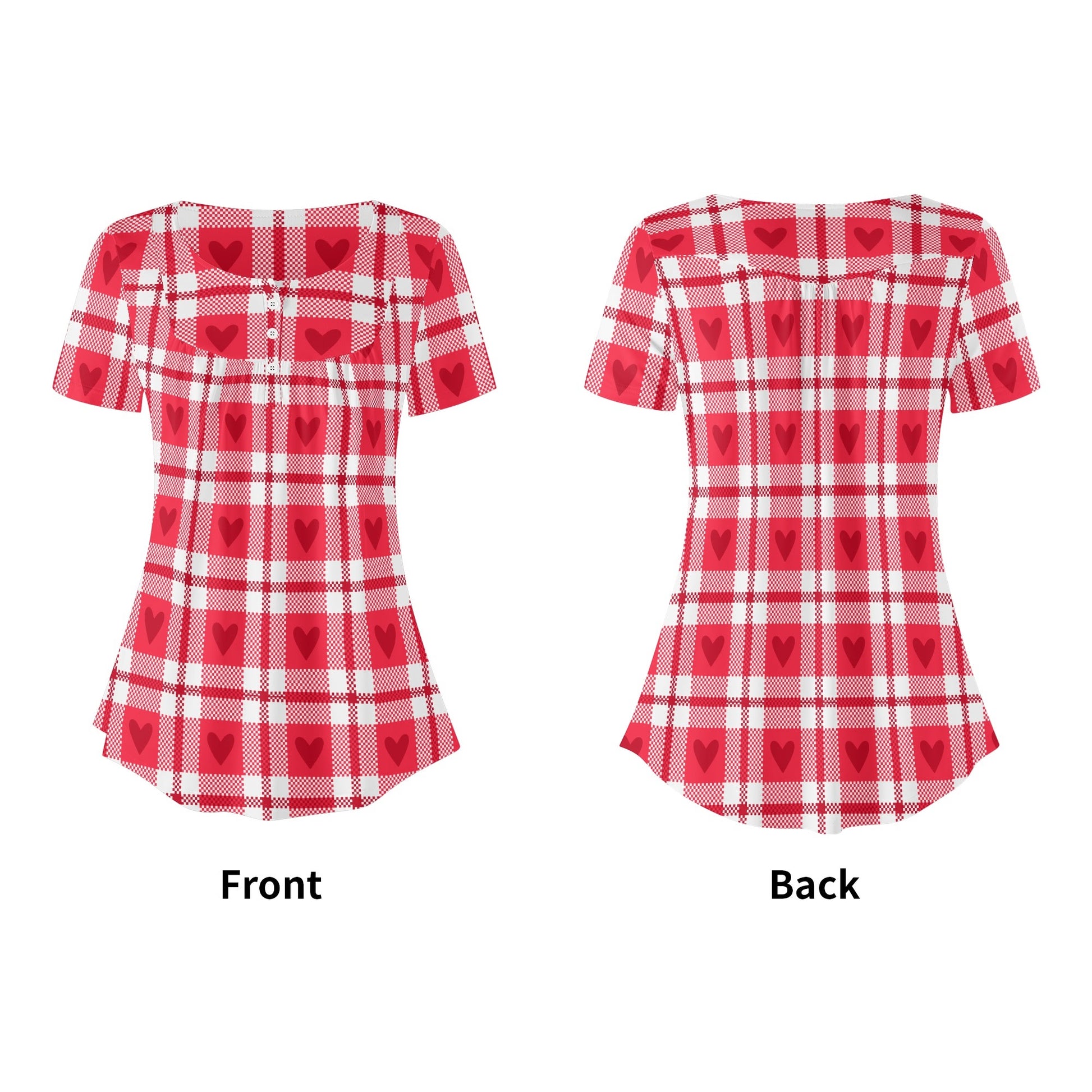 Lockere Bluse mit U-Ausschnitt und kurzen Ärmeln für Damen - Herzchen Karo Bluse JLR Design