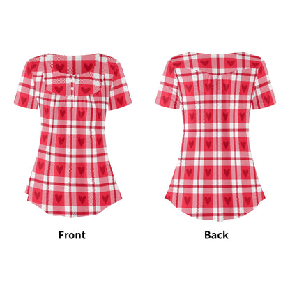 Lockere Bluse mit U-Ausschnitt und kurzen Ärmeln für Damen - Herzchen Karo Bluse JLR Design