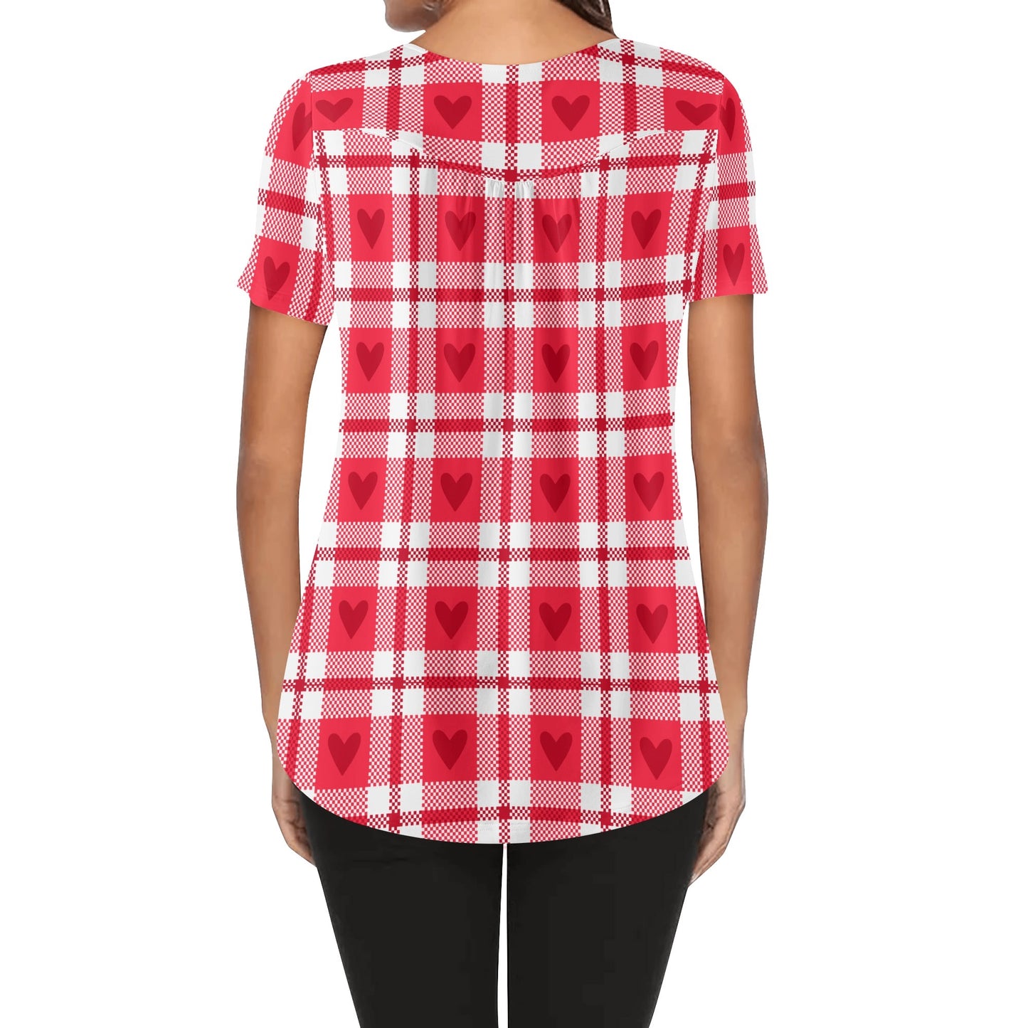 Lockere Bluse mit U-Ausschnitt und kurzen Ärmeln für Damen - Herzchen Karo Bluse JLR Design