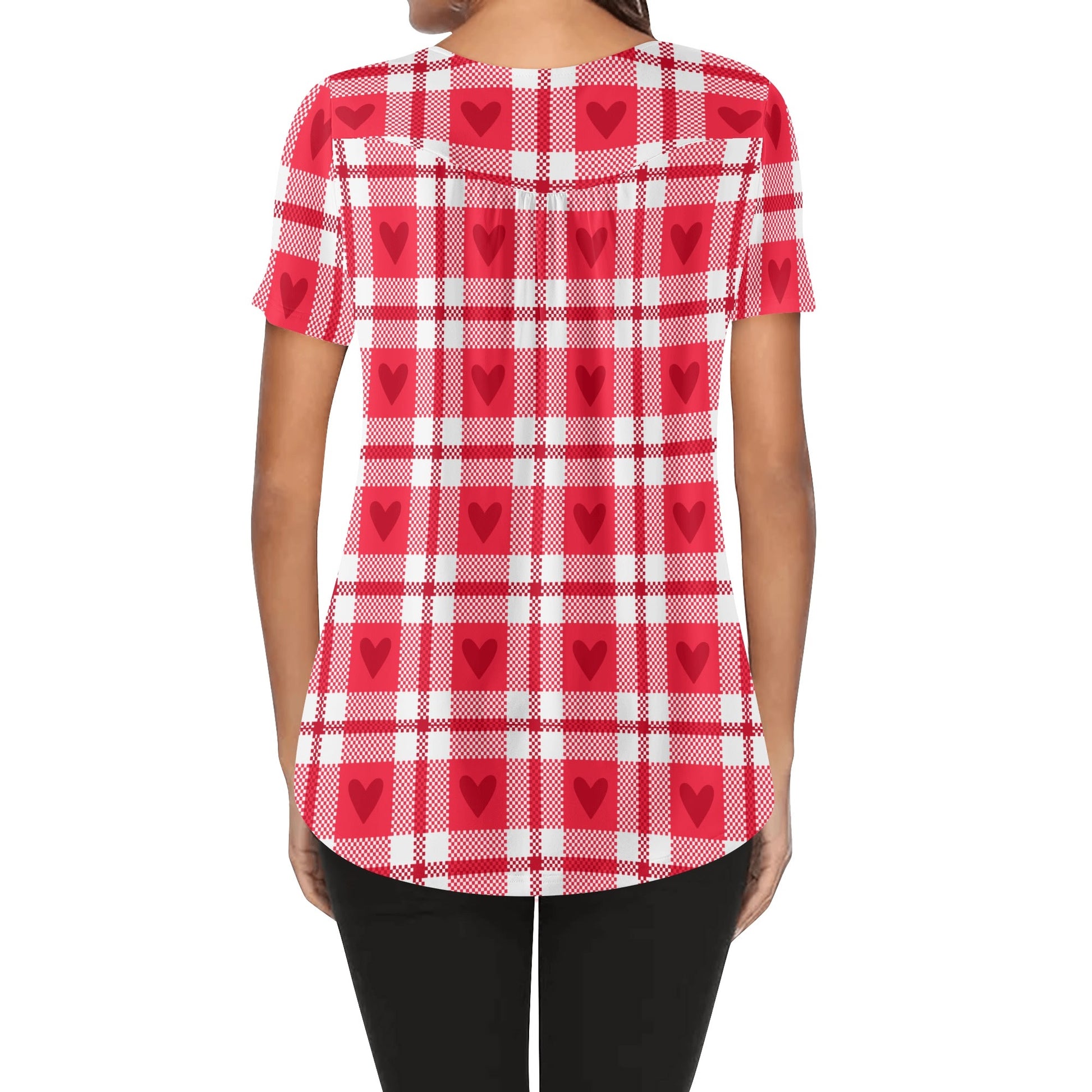 Lockere Bluse mit U-Ausschnitt und kurzen Ärmeln für Damen - Herzchen Karo Bluse JLR Design