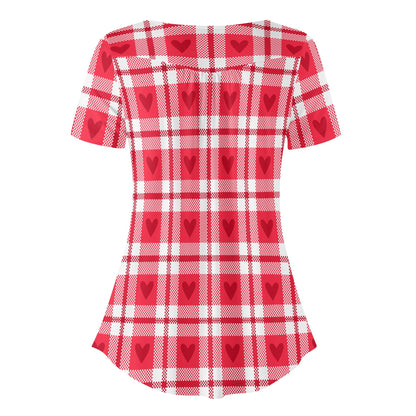 Lockere Bluse mit U-Ausschnitt und kurzen Ärmeln für Damen - Herzchen Karo Bluse JLR Design