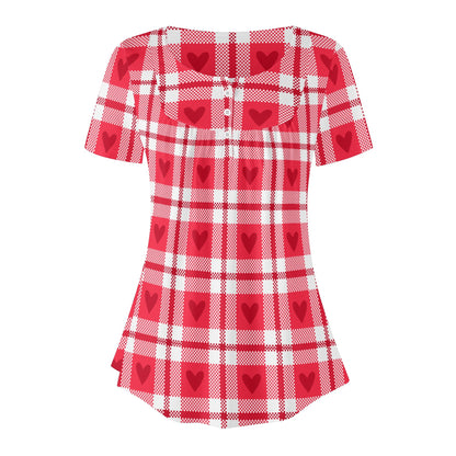 Lockere Bluse mit U-Ausschnitt und kurzen Ärmeln für Damen - Herzchen Karo Bluse JLR Design