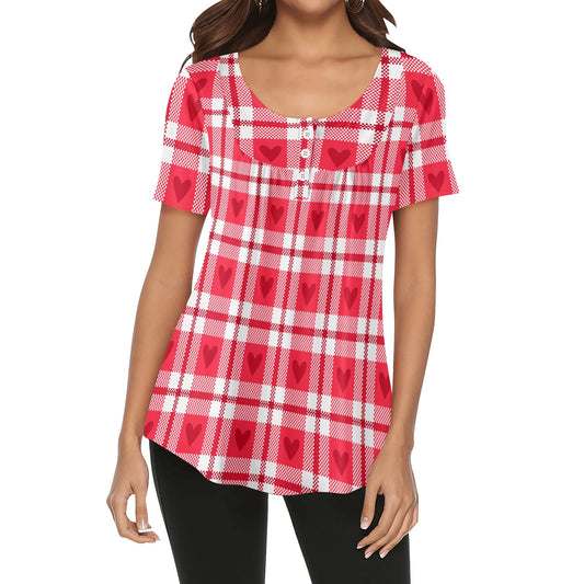 Lockere Bluse mit U-Ausschnitt und kurzen Ärmeln für Damen - Herzchen Karo Bluse JLR Design