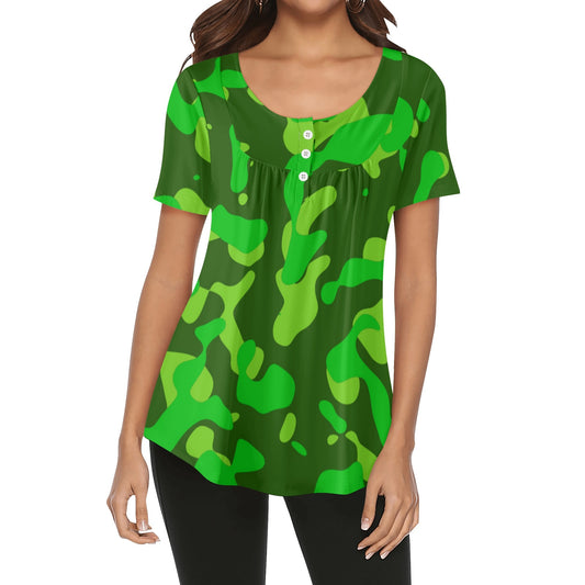Lockere Bluse mit U-Ausschnitt und kurzen Ärmeln für Damen - Lime Green Camouflage Bluse JLR Design