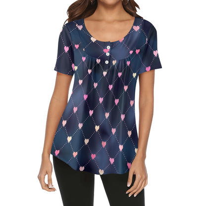Lockere Bluse mit U-Ausschnitt und kurzen Ärmeln für Damen - Line Hearts Bluse JLR Design