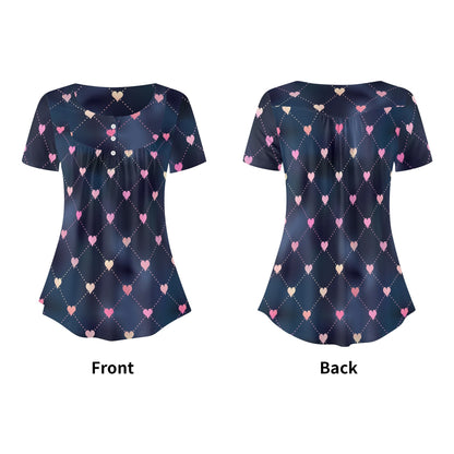 Lockere Bluse mit U-Ausschnitt und kurzen Ärmeln für Damen - Line Hearts Bluse JLR Design
