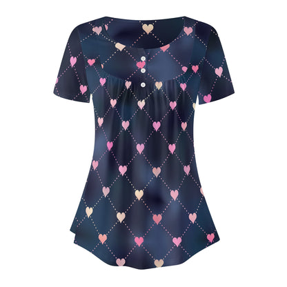 Lockere Bluse mit U-Ausschnitt und kurzen Ärmeln für Damen - Line Hearts Bluse JLR Design
