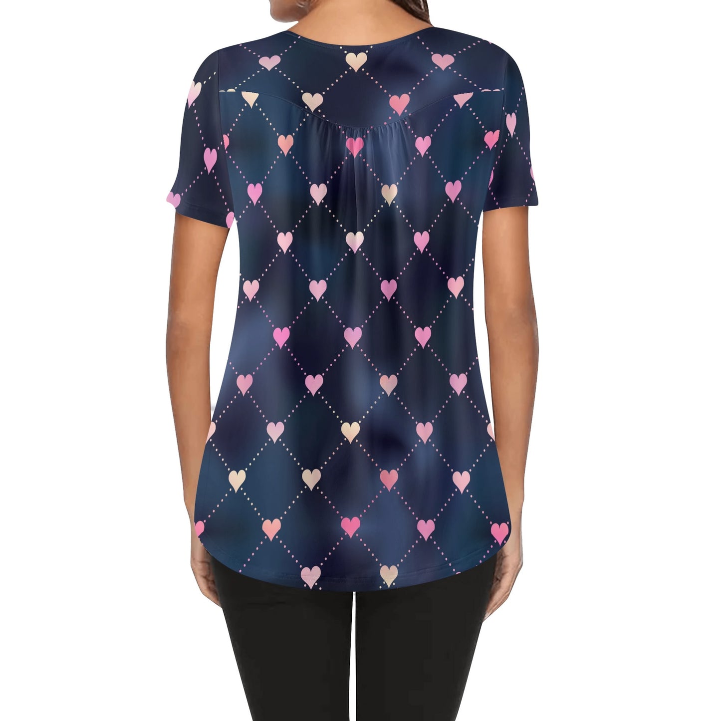Lockere Bluse mit U-Ausschnitt und kurzen Ärmeln für Damen - Line Hearts Bluse JLR Design