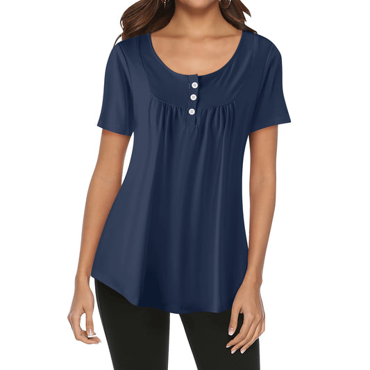 Lockere Bluse mit U-Ausschnitt und kurzen Ärmeln für Damen - Navy Bluse JLR Design
