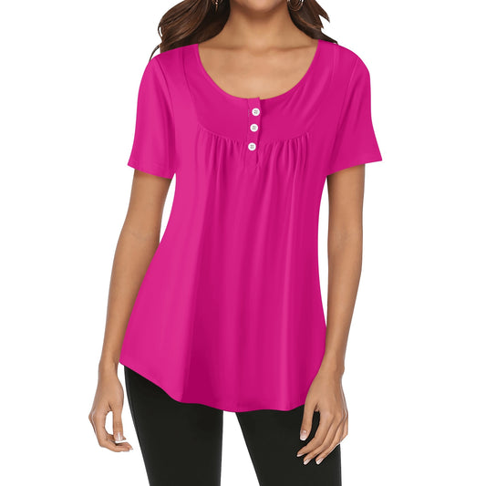 Lockere Bluse mit U-Ausschnitt und kurzen Ärmeln für Damen - Pink Bluse JLR Design