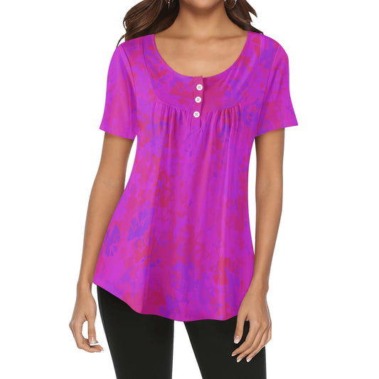 Lockere Bluse mit U-Ausschnitt und kurzen Ärmeln für Damen - Pink Crystal Bluse JLR Design