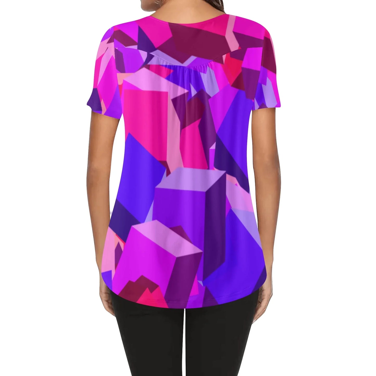 lockere-bluse-mit-u-ausschnitt-und-kurzen-armeln-fur-damen-pink-cube-bluse-jlr-design-27104 - JLR Design