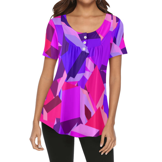 Lockere Bluse mit U-Ausschnitt und kurzen Ärmeln für Damen - Pink Cube Bluse JLR Design