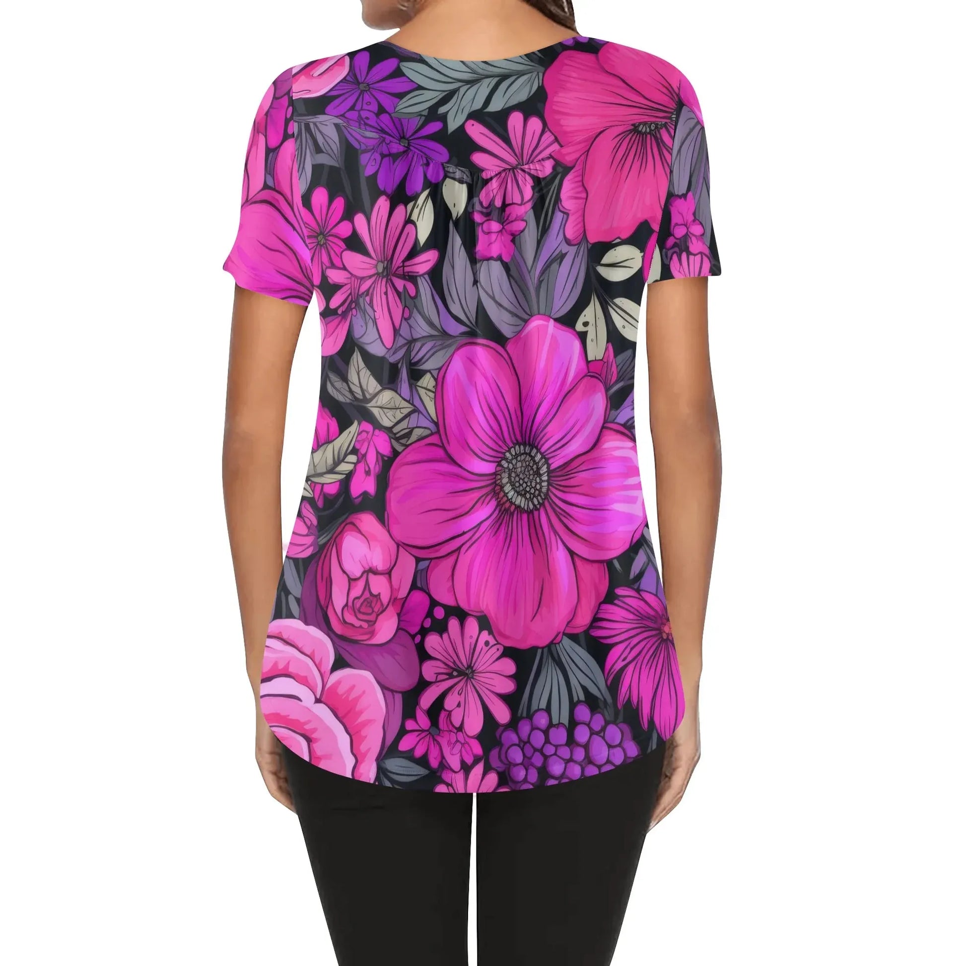 lockere-bluse-mit-u-ausschnitt-und-kurzen-armeln-fur-damen-pink-garden-bluse-jlr-design-52969 - JLR Design