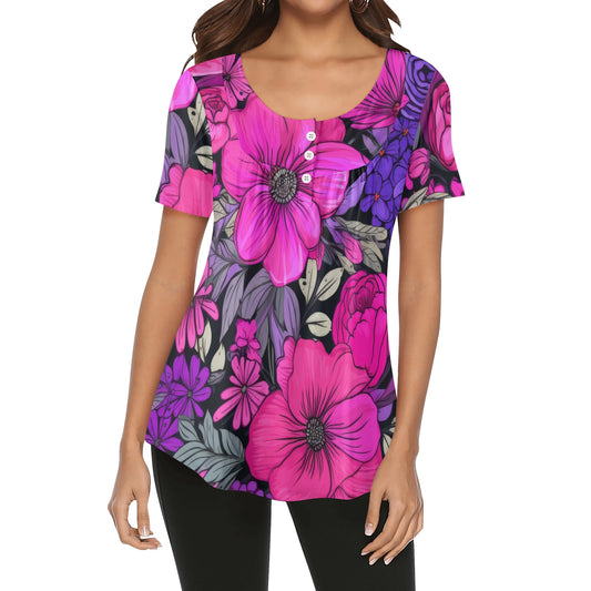 Lockere Bluse mit U-Ausschnitt und kurzen Ärmeln für Damen - Pink Garden Bluse JLR Design