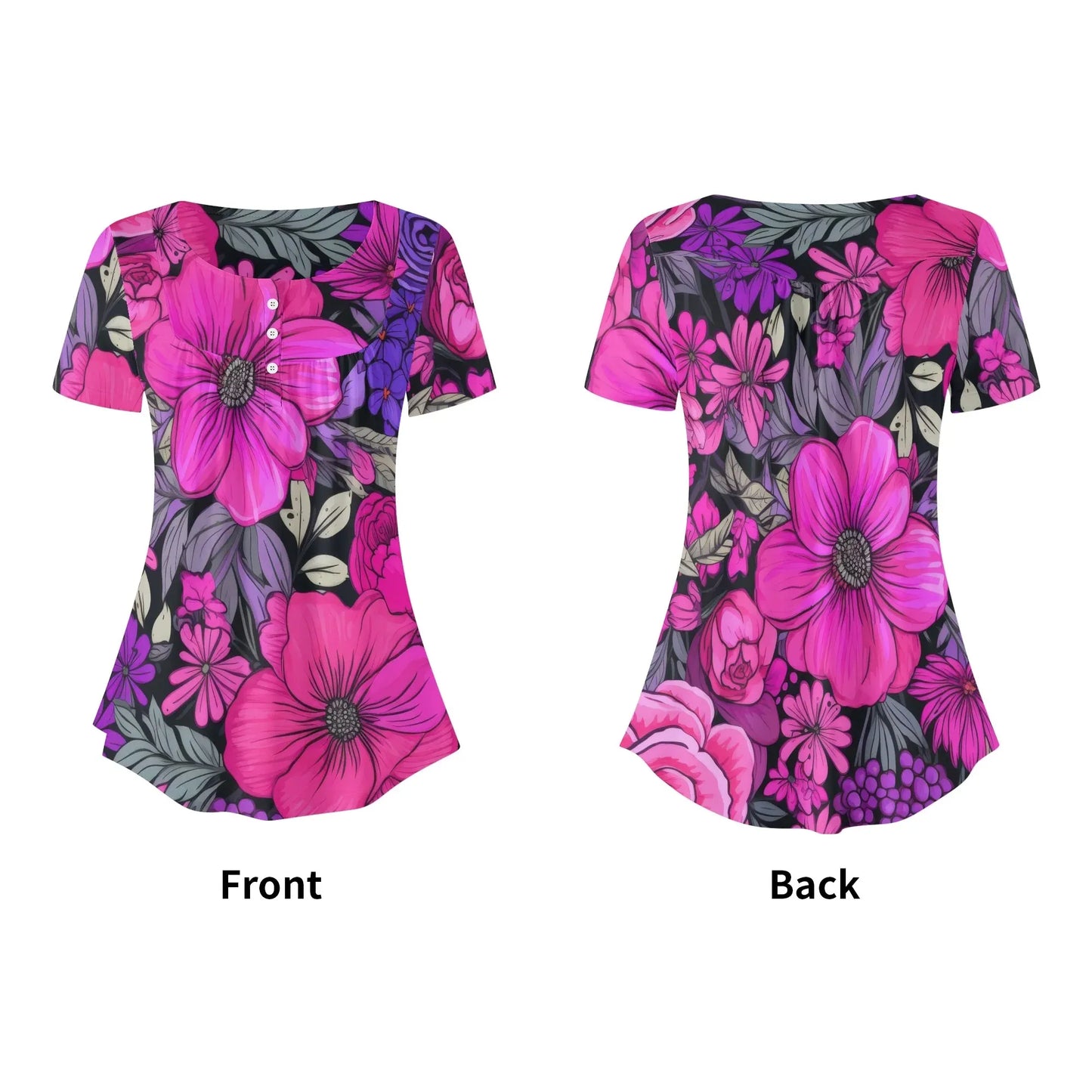 lockere-bluse-mit-u-ausschnitt-und-kurzen-armeln-fur-damen-pink-garden-bluse-jlr-design-99189 - JLR Design