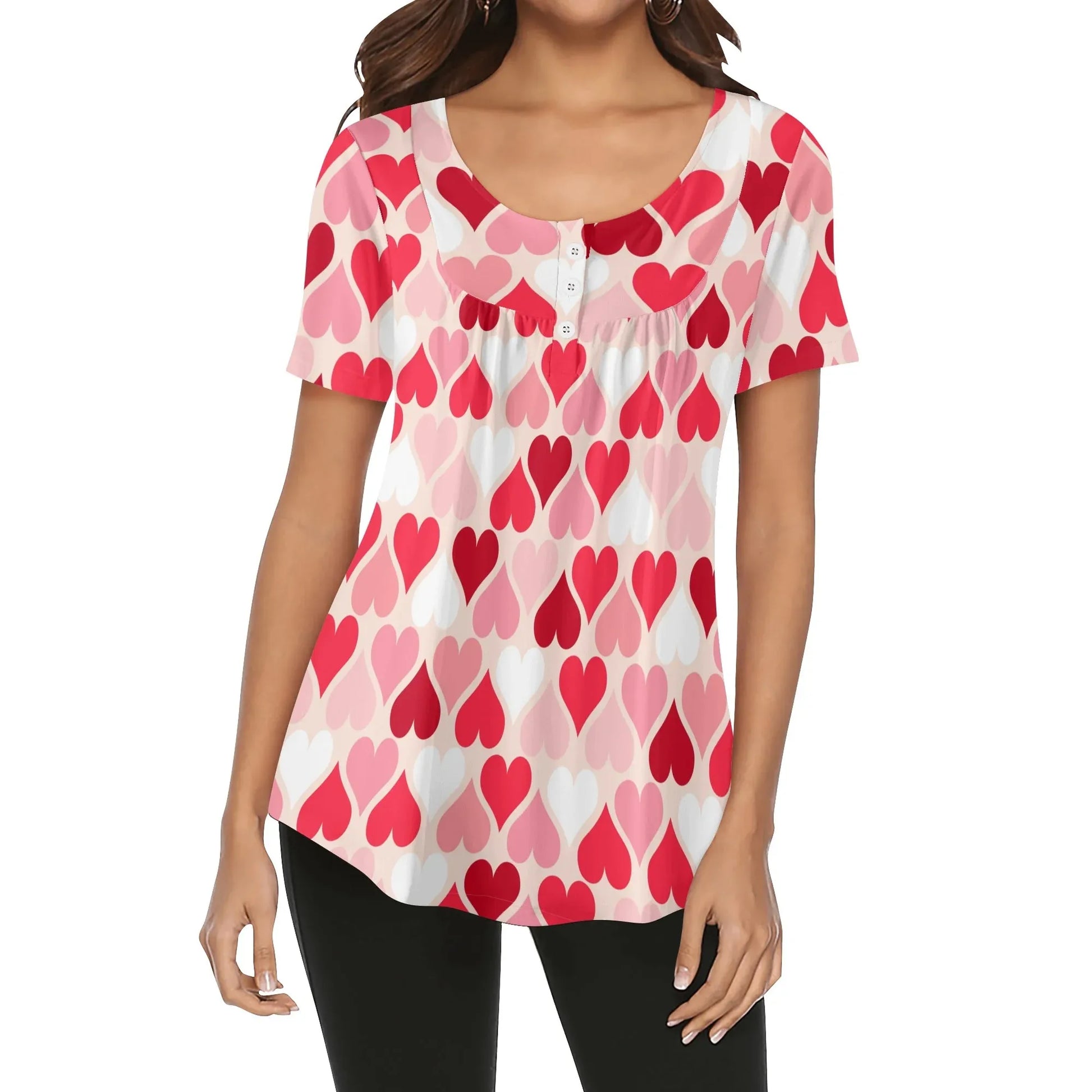 lockere-bluse-mit-u-ausschnitt-und-kurzen-armeln-fur-damen-pink-hearts-bluse-jlr-design-75545 - JLR Design