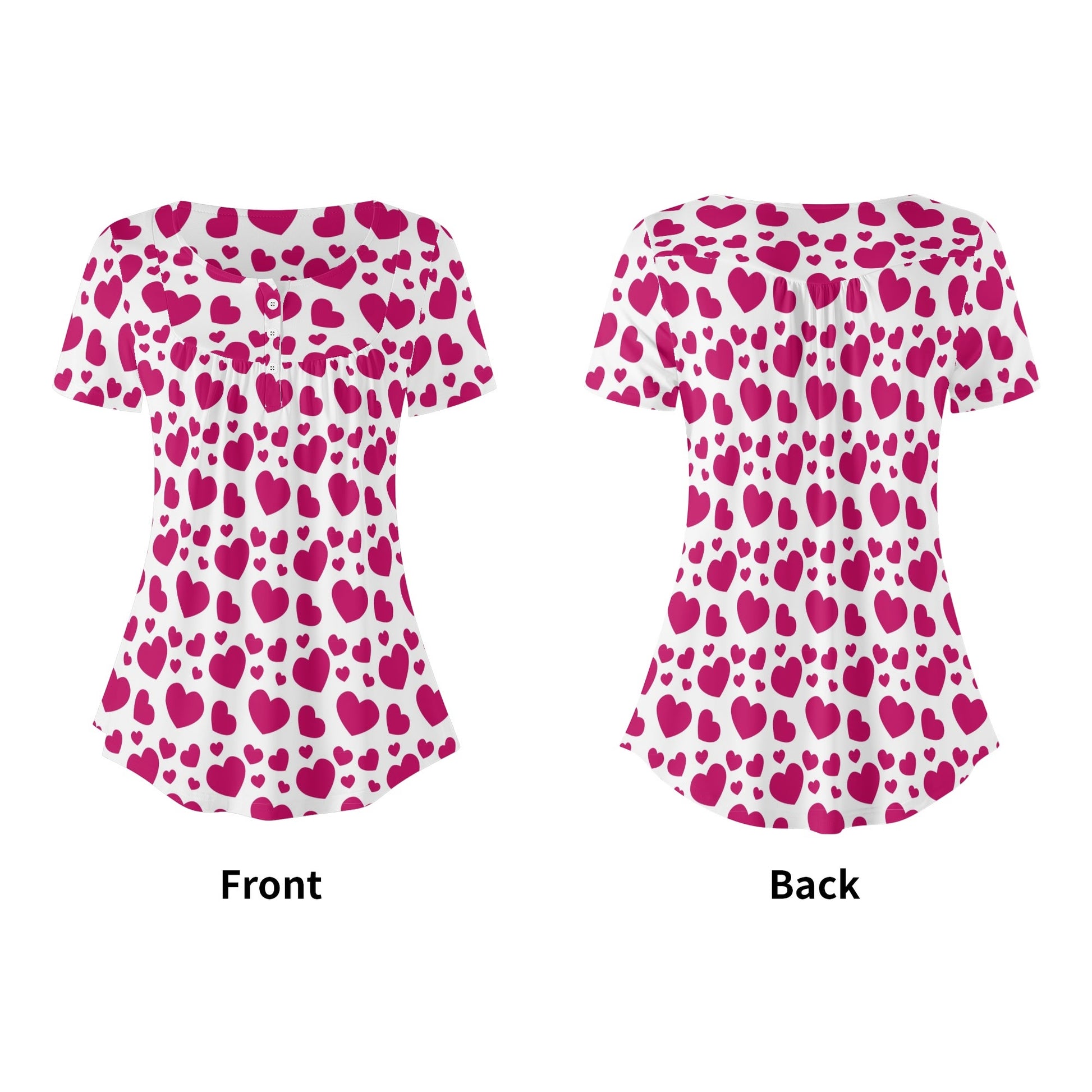 Lockere Bluse mit U-Ausschnitt und kurzen Ärmeln für Damen - Pink Hearts Bluse JLR Design