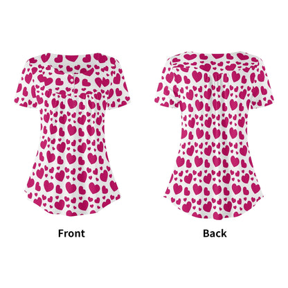 Lockere Bluse mit U-Ausschnitt und kurzen Ärmeln für Damen - Pink Hearts Bluse JLR Design