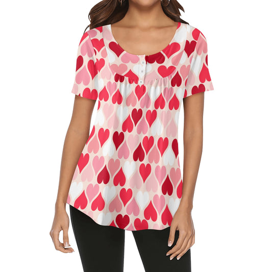 Lockere Bluse mit U-Ausschnitt und kurzen Ärmeln für Damen - Pink Hearts Bluse JLR Design