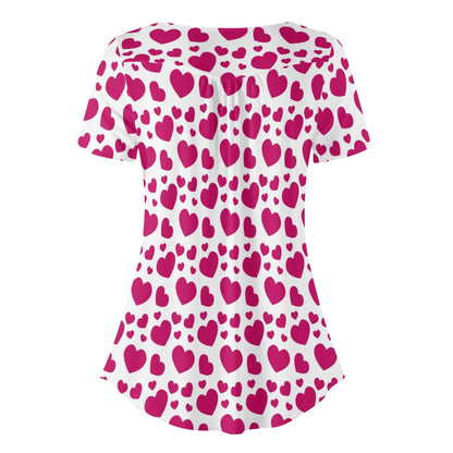 Lockere Bluse mit U-Ausschnitt und kurzen Ärmeln für Damen - Pink Hearts Bluse JLR Design