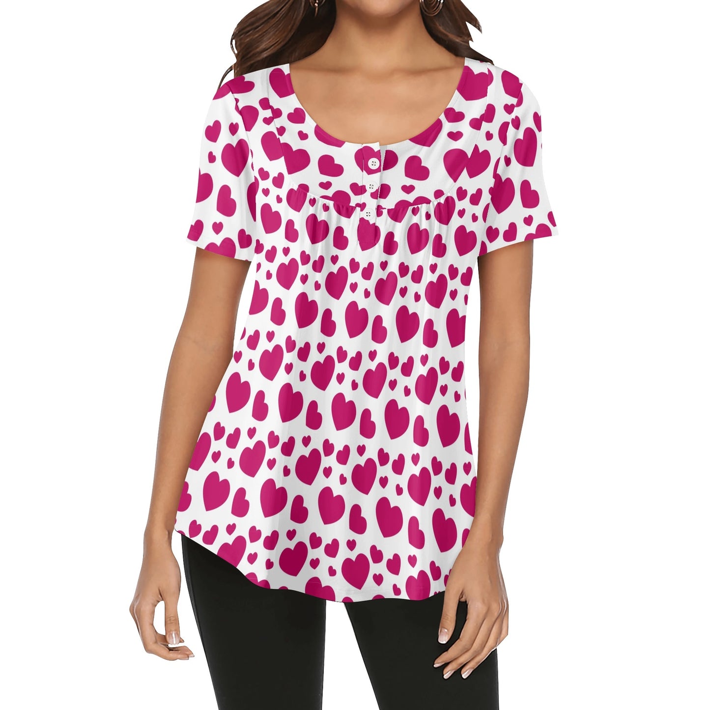 Lockere Bluse mit U-Ausschnitt und kurzen Ärmeln für Damen - Pink Hearts Bluse JLR Design