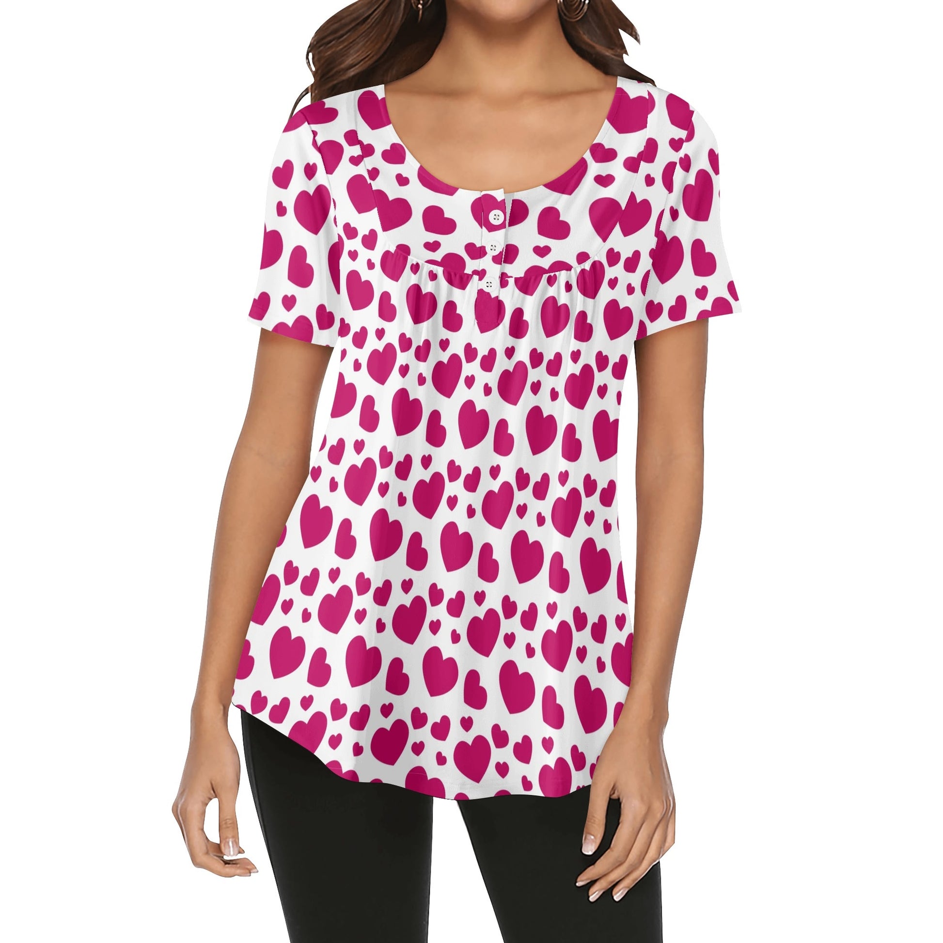 Lockere Bluse mit U-Ausschnitt und kurzen Ärmeln für Damen - Pink Hearts Bluse JLR Design