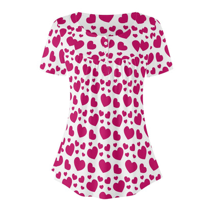 Lockere Bluse mit U-Ausschnitt und kurzen Ärmeln für Damen - Pink Hearts Bluse JLR Design