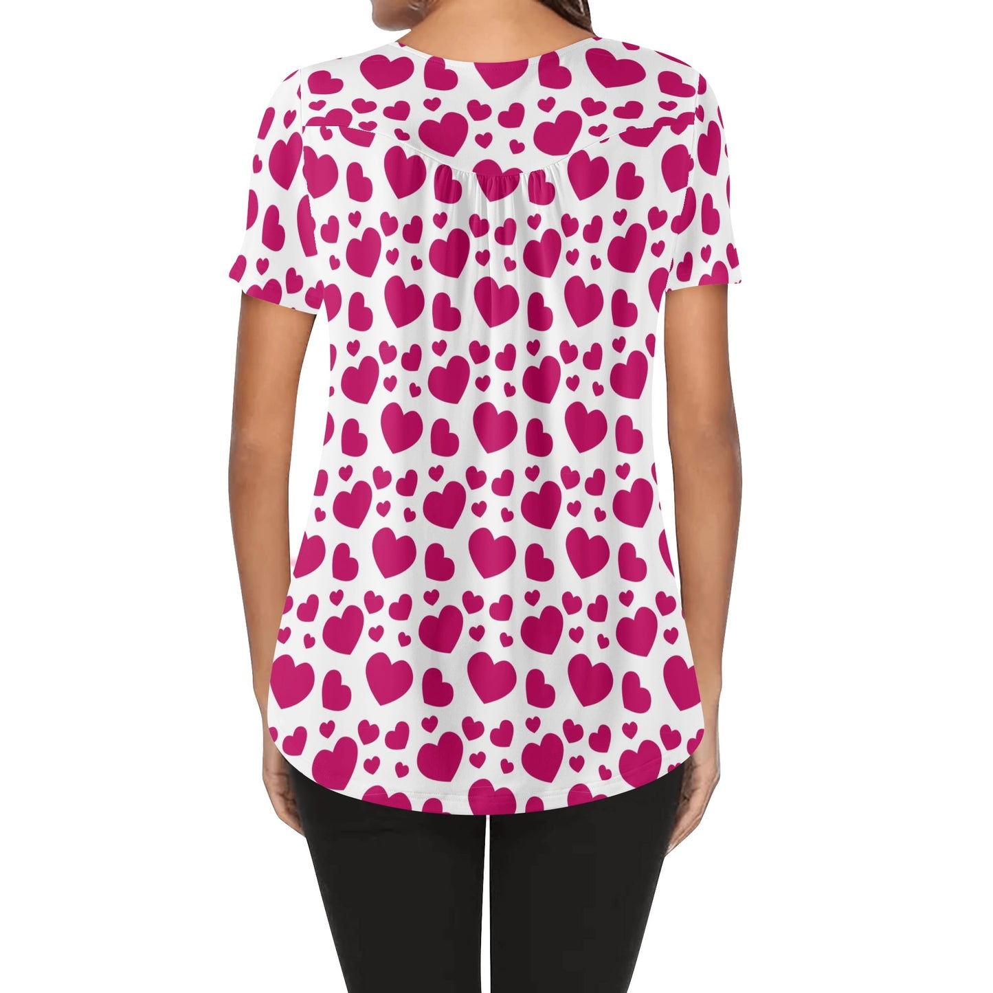 Lockere Bluse mit U-Ausschnitt und kurzen Ärmeln für Damen - Pink Hearts Bluse JLR Design