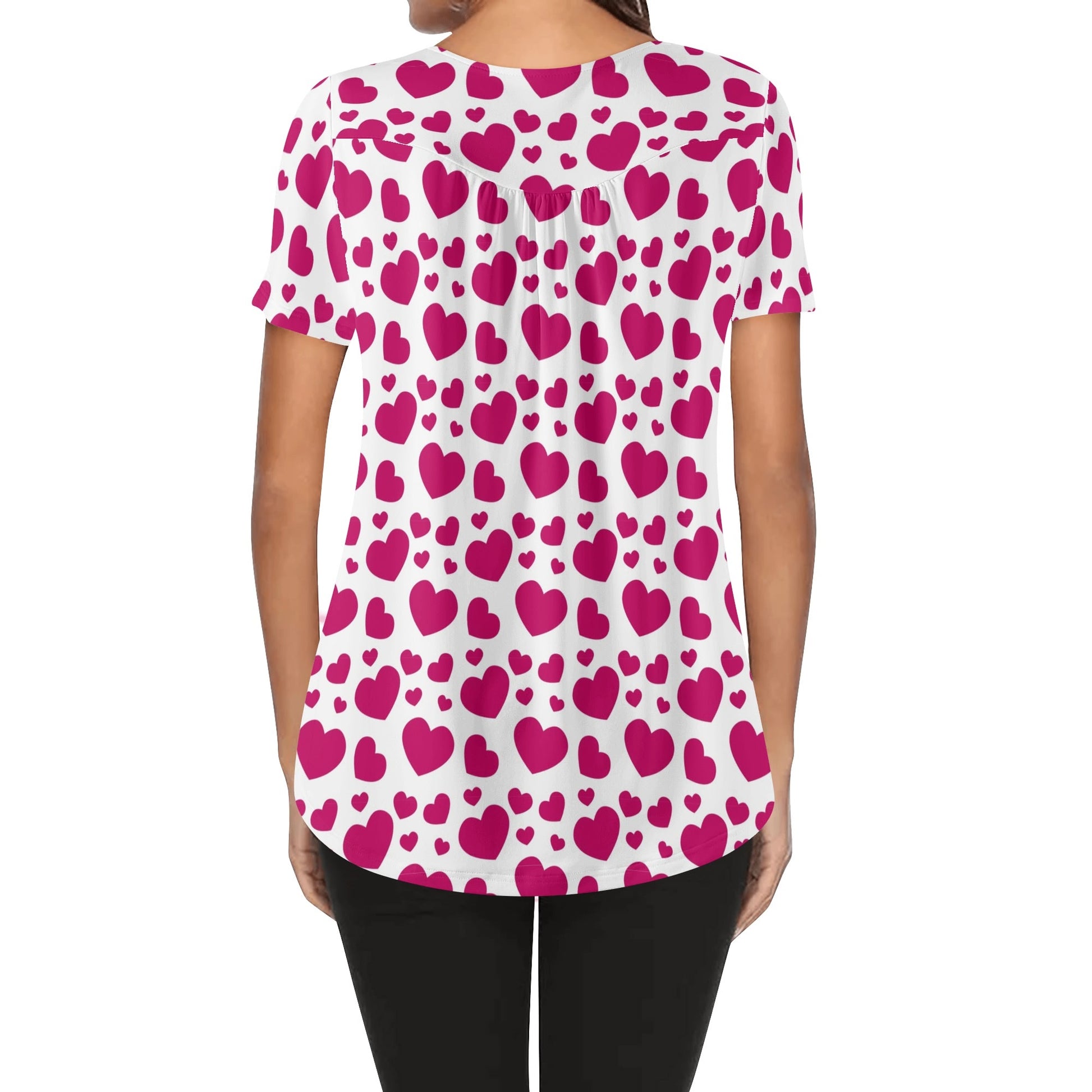 Lockere Bluse mit U-Ausschnitt und kurzen Ärmeln für Damen - Pink Hearts Bluse JLR Design