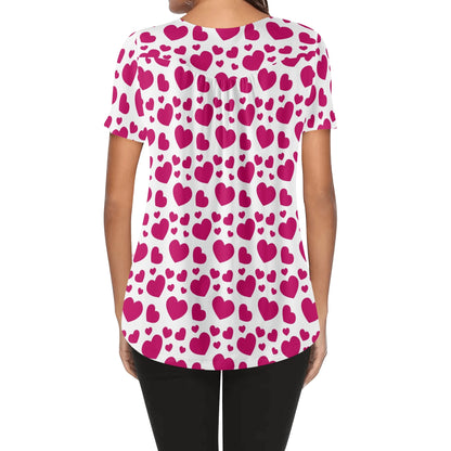 Lockere Bluse mit U-Ausschnitt und kurzen Ärmeln für Damen - Pink Hearts Bluse JLR Design