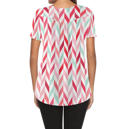 Lockere Bluse mit U-Ausschnitt und kurzen Ärmeln für Damen - Pink Lines Bluse JLR Design