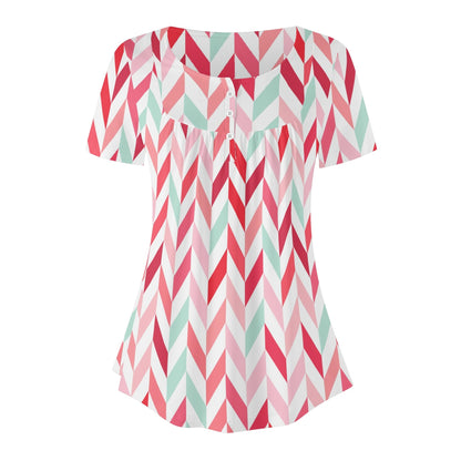 Lockere Bluse mit U-Ausschnitt und kurzen Ärmeln für Damen - Pink Lines Bluse JLR Design