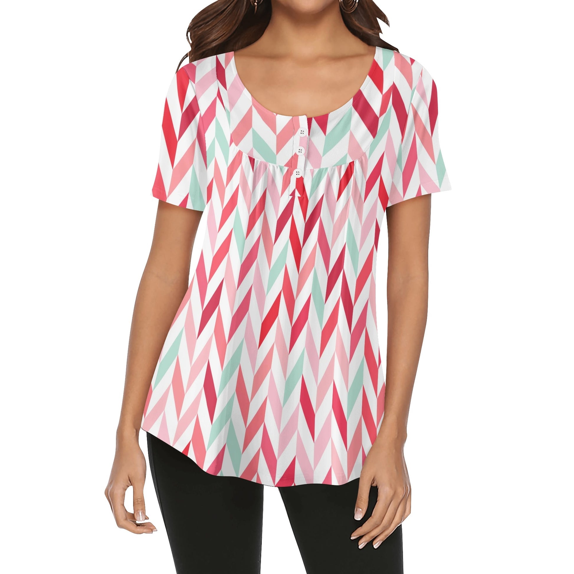 Lockere Bluse mit U-Ausschnitt und kurzen Ärmeln für Damen - Pink Lines Bluse JLR Design