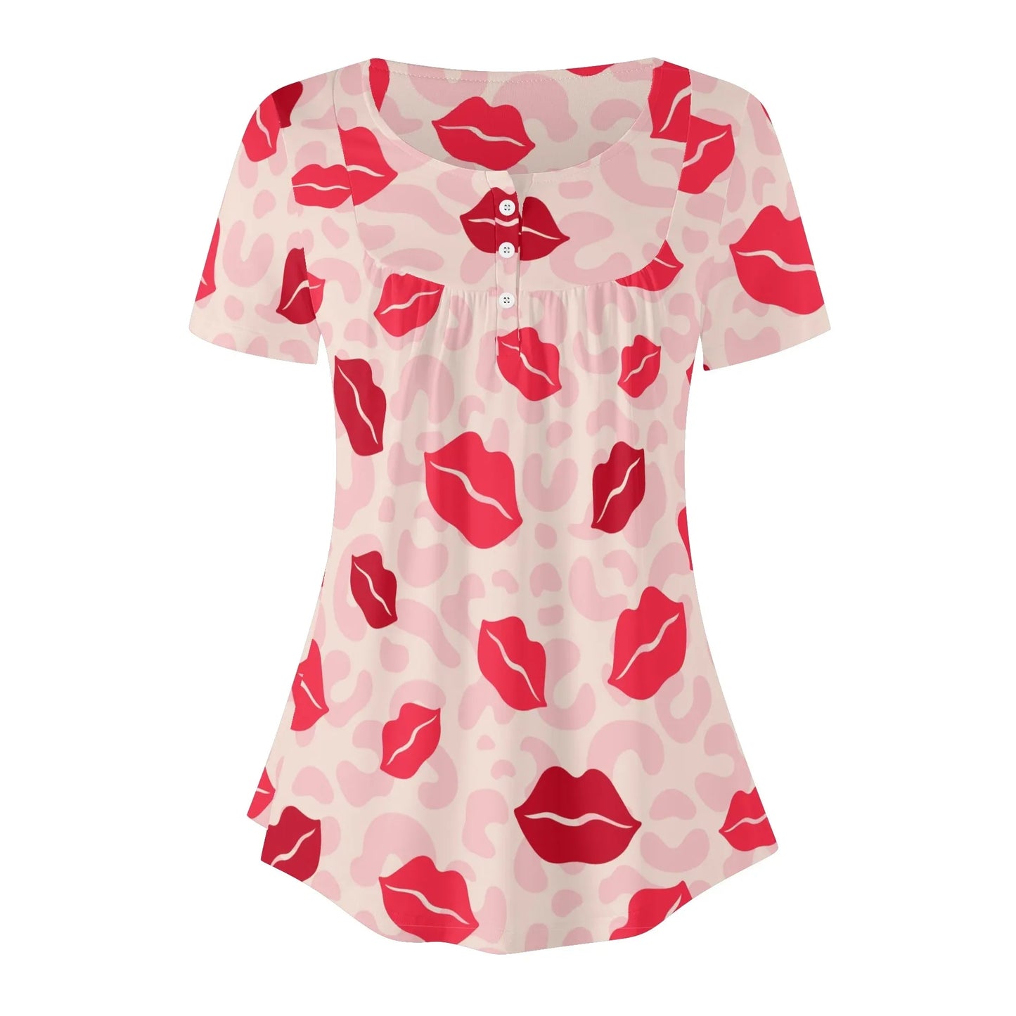 lockere-bluse-mit-u-ausschnitt-und-kurzen-armeln-fur-damen-pink-lips-bluse-jlr-design-76098 - JLR Design