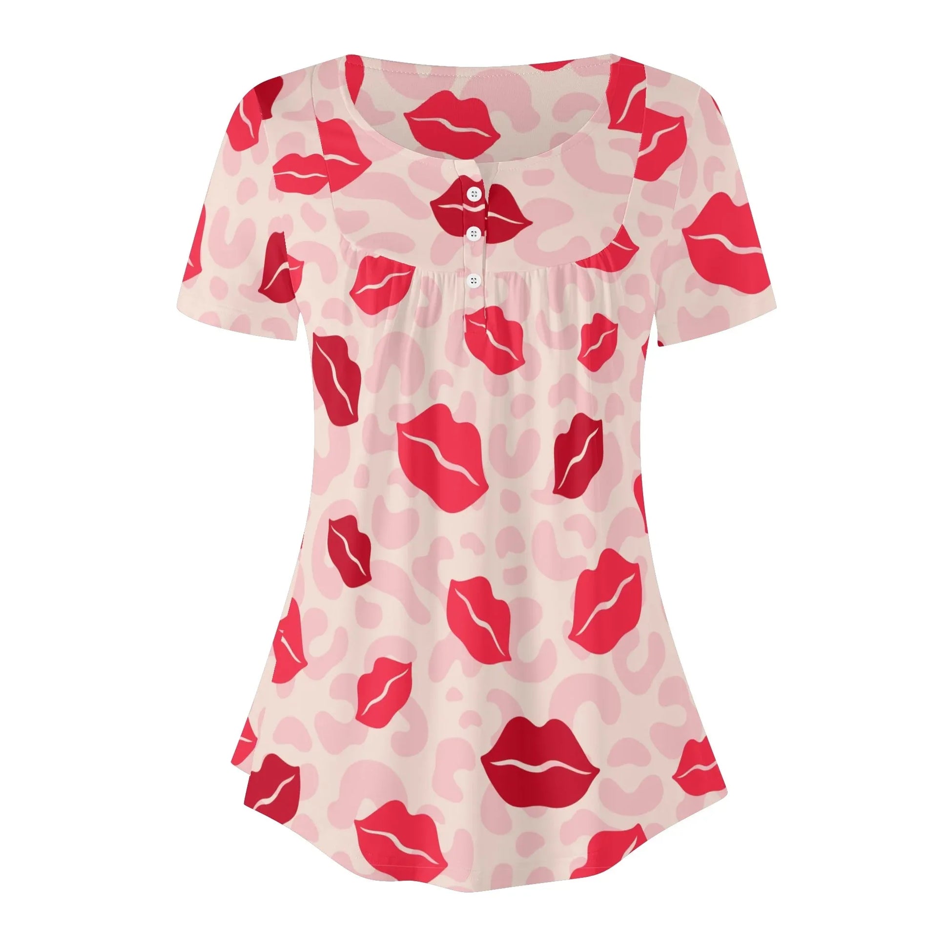 lockere-bluse-mit-u-ausschnitt-und-kurzen-armeln-fur-damen-pink-lips-bluse-jlr-design-76098 - JLR Design