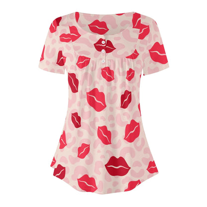 lockere-bluse-mit-u-ausschnitt-und-kurzen-armeln-fur-damen-pink-lips-bluse-jlr-design-76098 - JLR Design