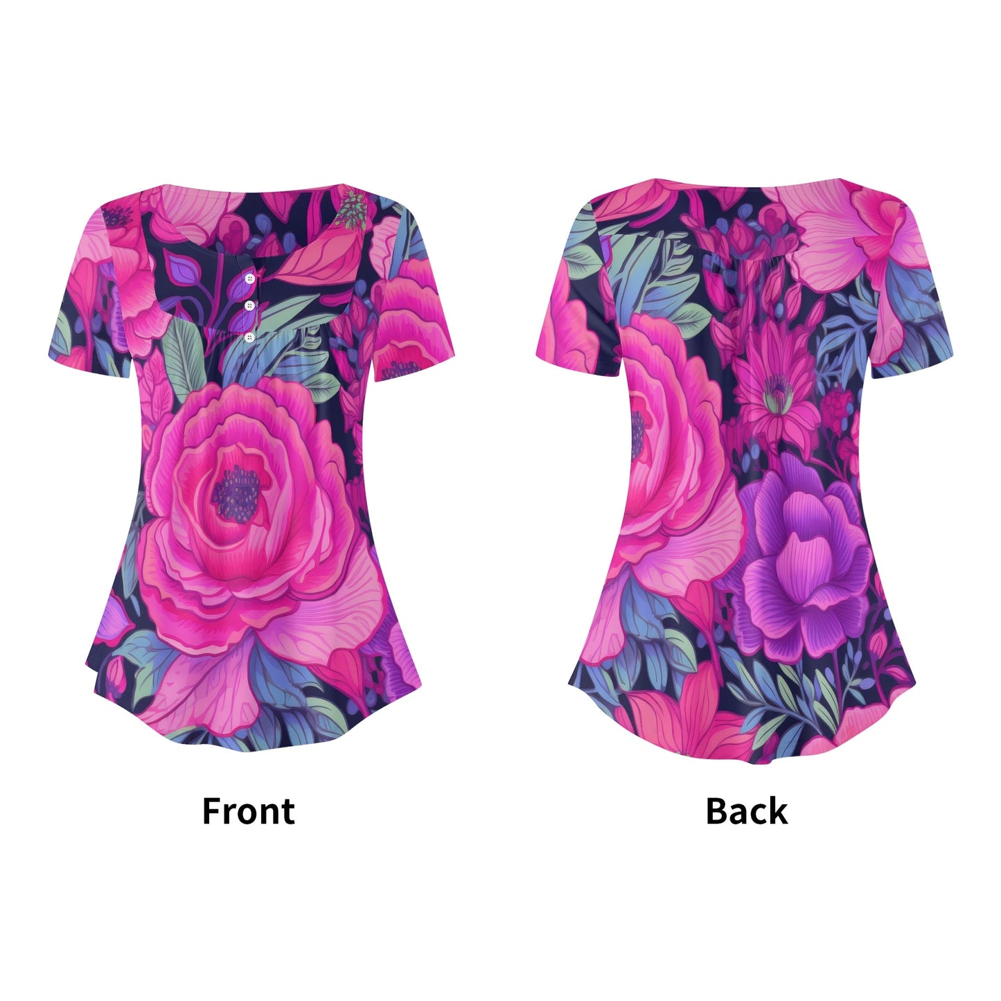 Lockere Bluse mit U-Ausschnitt und kurzen Ärmeln für Damen - Pink Rose Bluse JLR Design