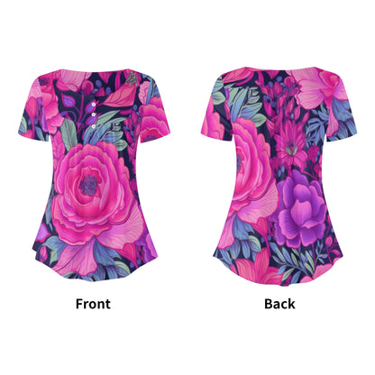 Lockere Bluse mit U-Ausschnitt und kurzen Ärmeln für Damen - Pink Rose Bluse JLR Design