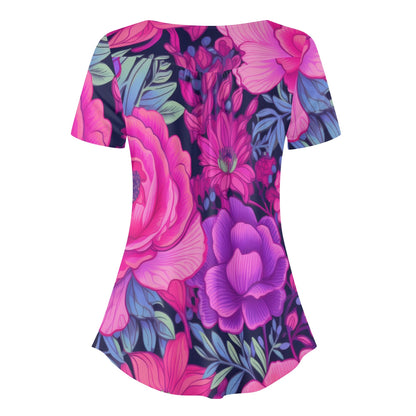 Lockere Bluse mit U-Ausschnitt und kurzen Ärmeln für Damen - Pink Rose Bluse JLR Design