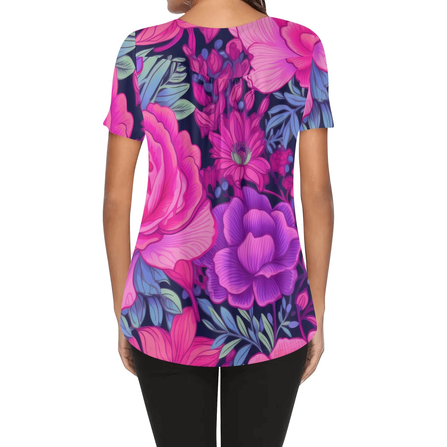 Lockere Bluse mit U-Ausschnitt und kurzen Ärmeln für Damen - Pink Rose Bluse JLR Design
