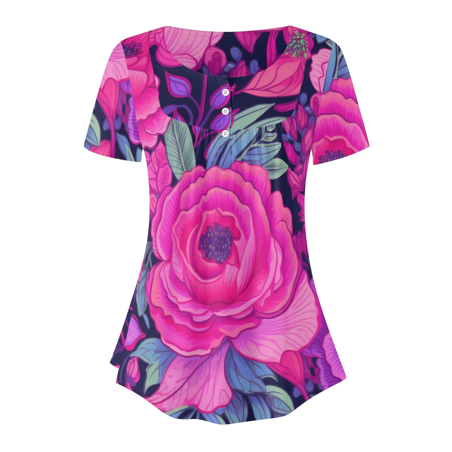 Lockere Bluse mit U-Ausschnitt und kurzen Ärmeln für Damen - Pink Rose Bluse JLR Design