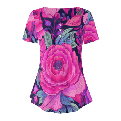 Lockere Bluse mit U-Ausschnitt und kurzen Ärmeln für Damen - Pink Rose Bluse JLR Design