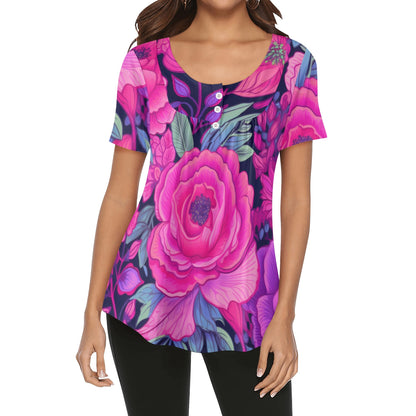 Lockere Bluse mit U-Ausschnitt und kurzen Ärmeln für Damen - Pink Rose Bluse JLR Design