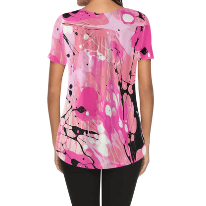 lockere-bluse-mit-u-ausschnitt-und-kurzen-armeln-fur-damen-pink-splash-bluse-jlr-design-17452 - JLR Design
