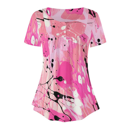lockere-bluse-mit-u-ausschnitt-und-kurzen-armeln-fur-damen-pink-splash-bluse-jlr-design-36835 - JLR Design