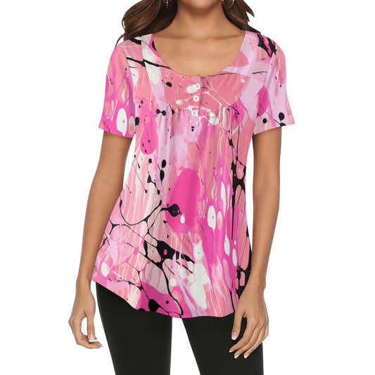 Lockere Bluse mit U-Ausschnitt und kurzen Ärmeln für Damen - Pink Splash Bluse JLR Design