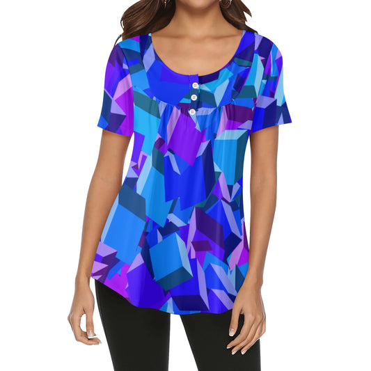 Lockere Bluse mit U-Ausschnitt und kurzen Ärmeln für Damen - Purple Cube Bluse JLR Design