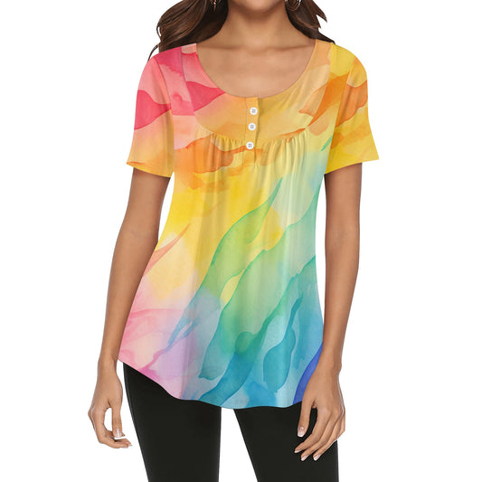 Lockere Bluse mit U-Ausschnitt und kurzen Ärmeln für Damen - Rainbow Bluse JLR Design